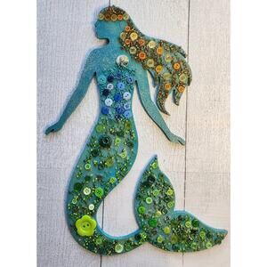 Handmade Blue Wood Mermaid Button and Bead Art